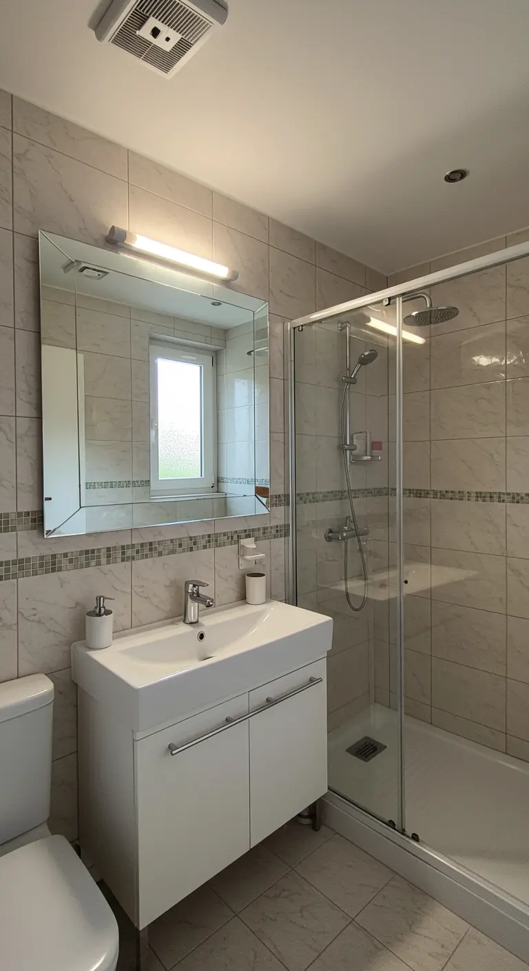 Badkamer met spiegel met geïntegreerde horizontale lichtbalk bovenaan.