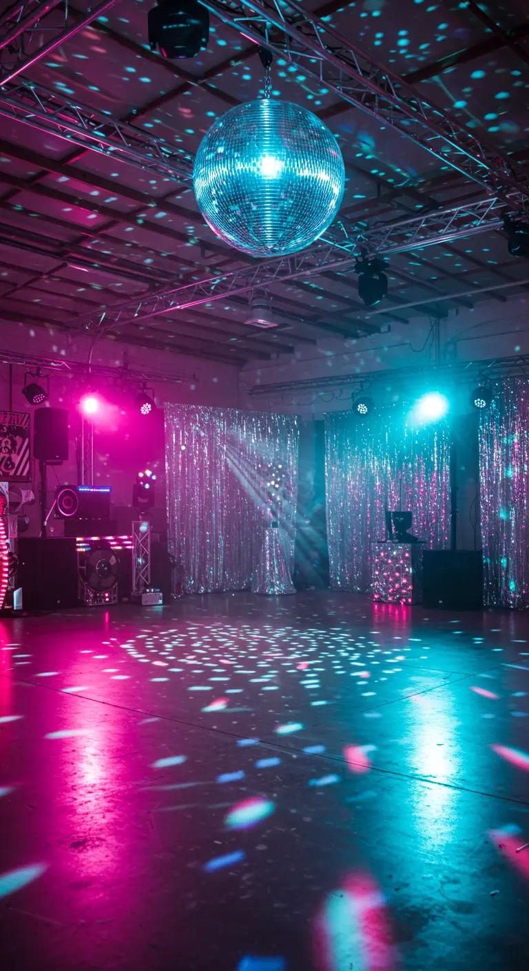 Disco feest in garage met grote discobal en kleurrijke paarse en blauwe lichten.