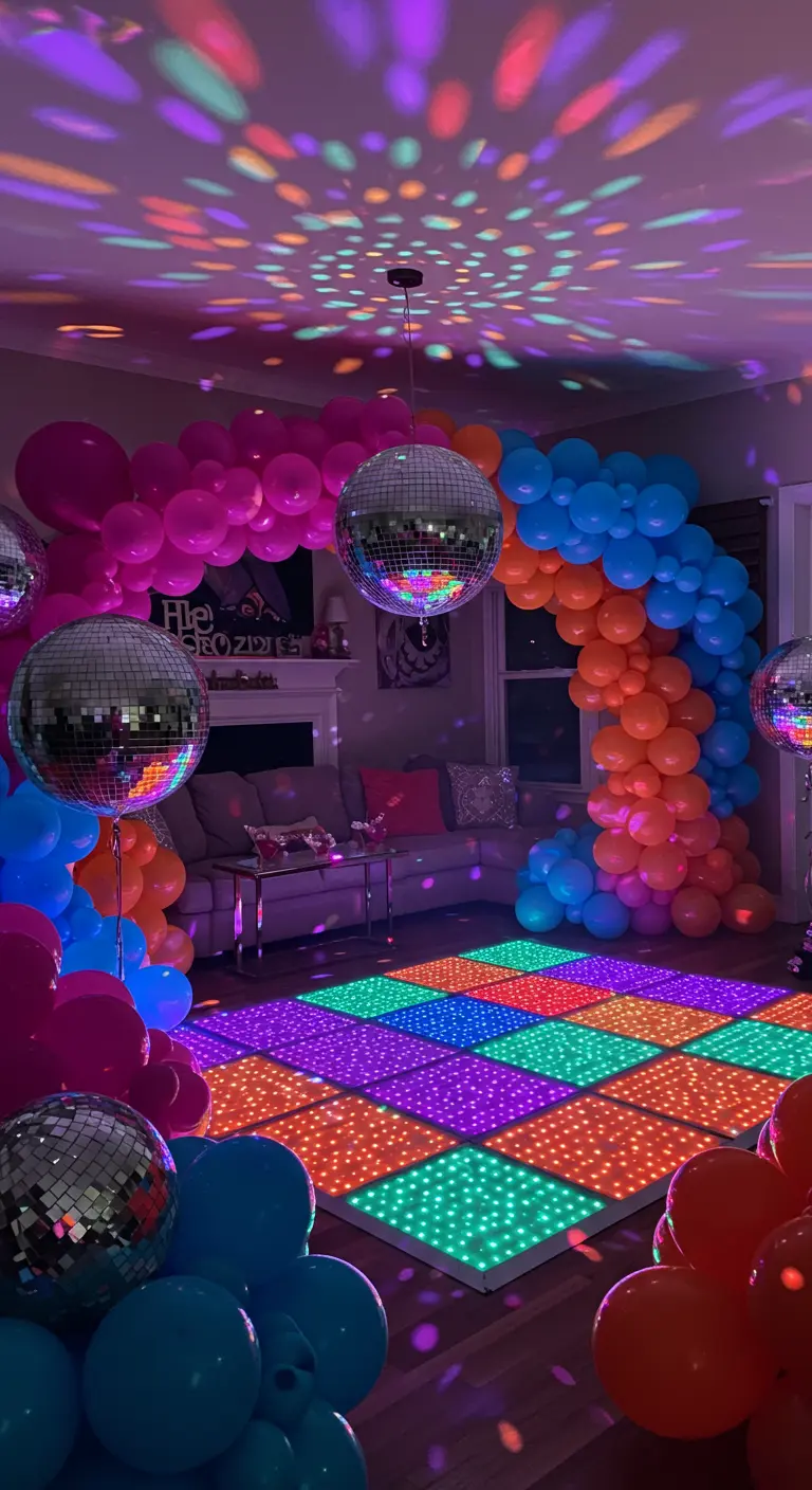 Kleurrijke woonkamer met ballonbogen, discoballen en een oplichtende dansvloer.