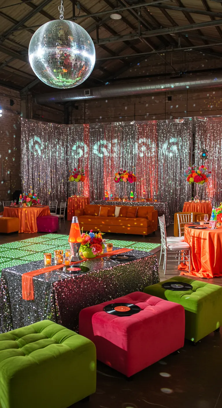 Disco-thema bruiloft met discobal, glittergordijnen en retro meubilair.