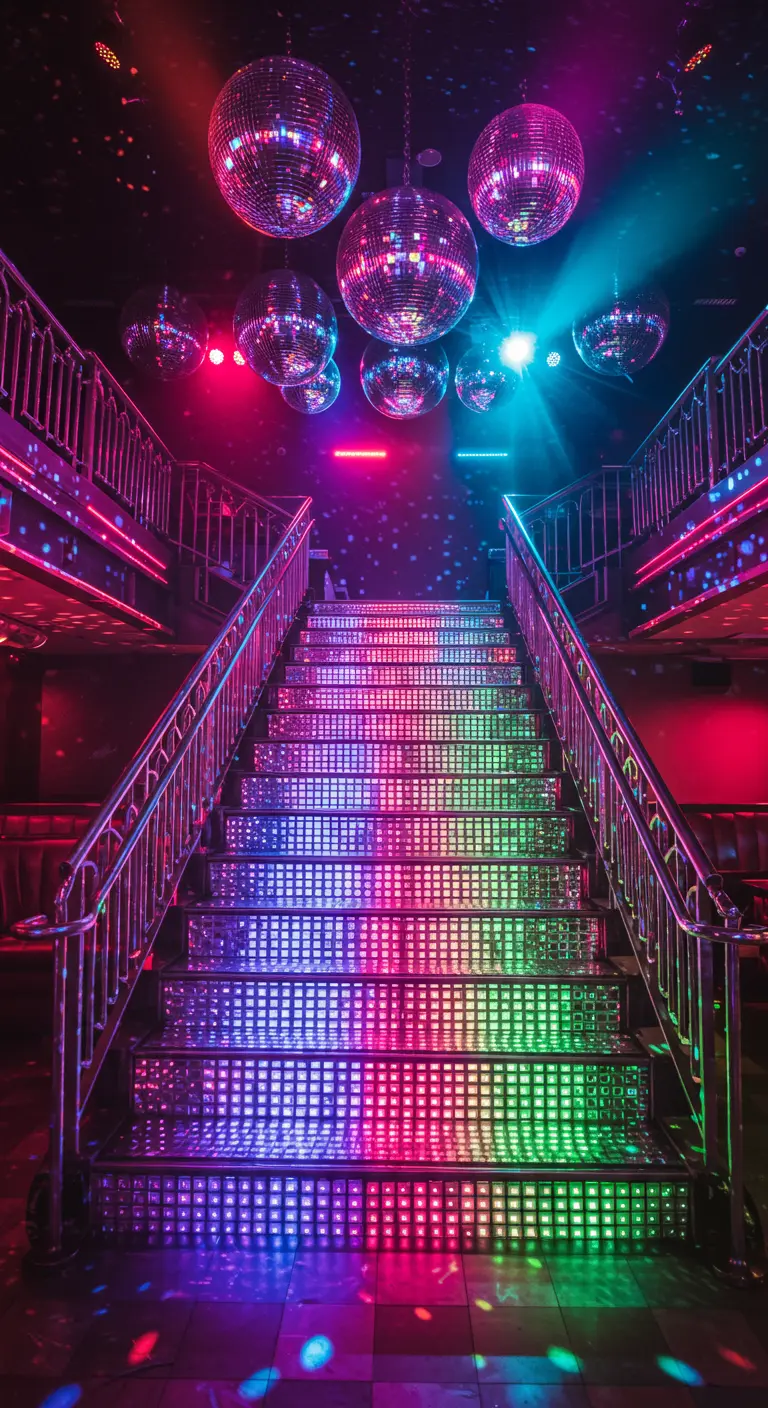 Trap met kleurrijke LED-panelen en hangende discoballen, creëert een feestelijke sfeer.