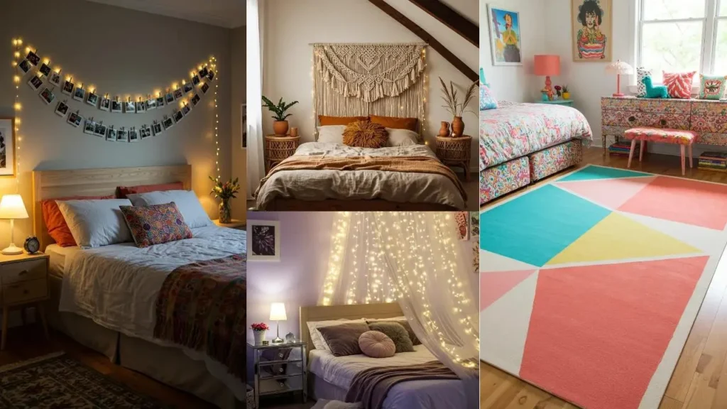 Leuke DIY slaapkamerprojecten: inspiratie met lichtslingers, macramé en een kleurrijk vloerkleed.
