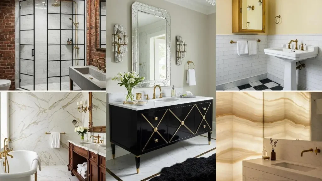 Collage van luxe badkamers met marmer, messing details en gouden accenten.