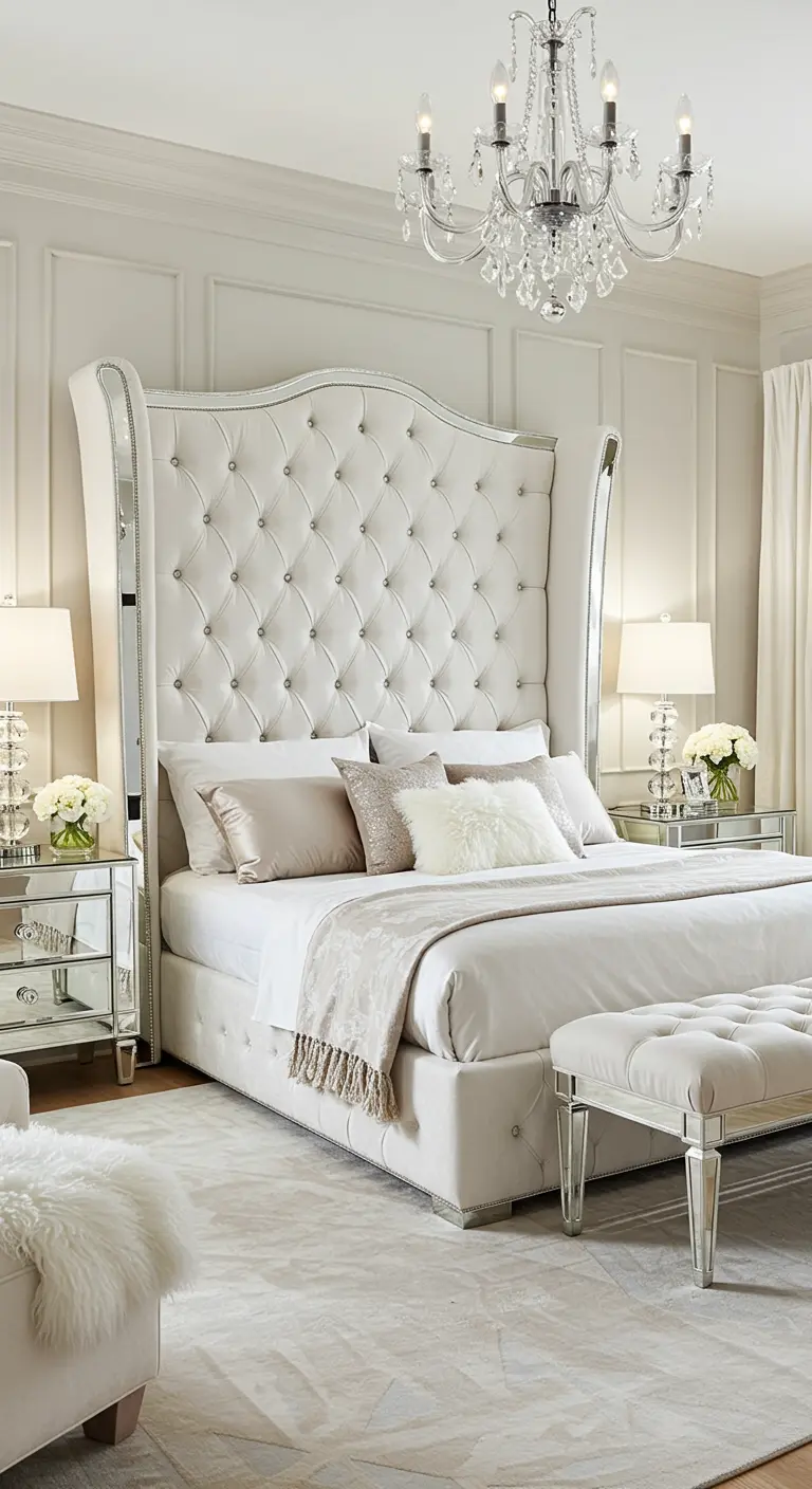 Hoog wit gecapitonneerd bedframe met spiegeldetails en kristallen kroonluchter.