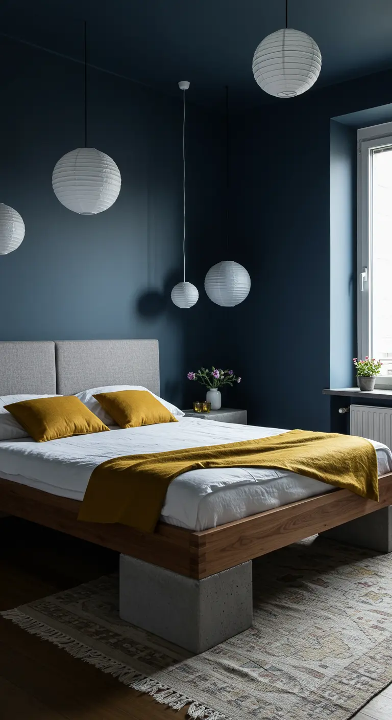 Slaapkamer met donkerblauwe muren en houten bed op betonnen blokken.
