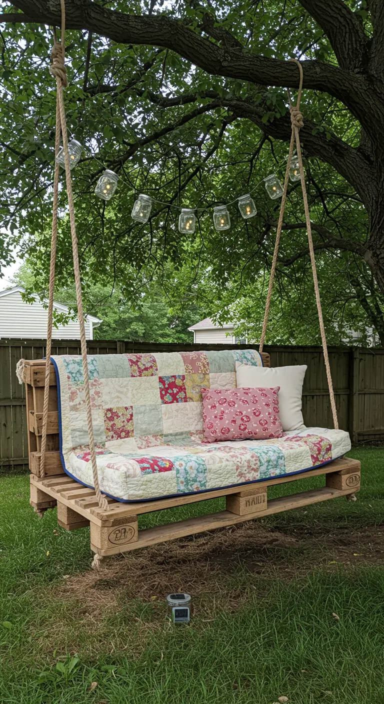 DIY palletschommelbank met patchwork quilt en kussens, hangend aan een boom met lichtslinger.