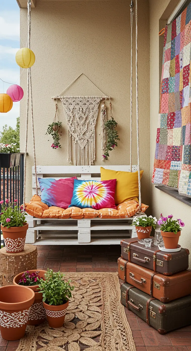 DIY hangbank gemaakt van pallets met tie-dye kussens, lampionnen en macramé wanddecoratie.