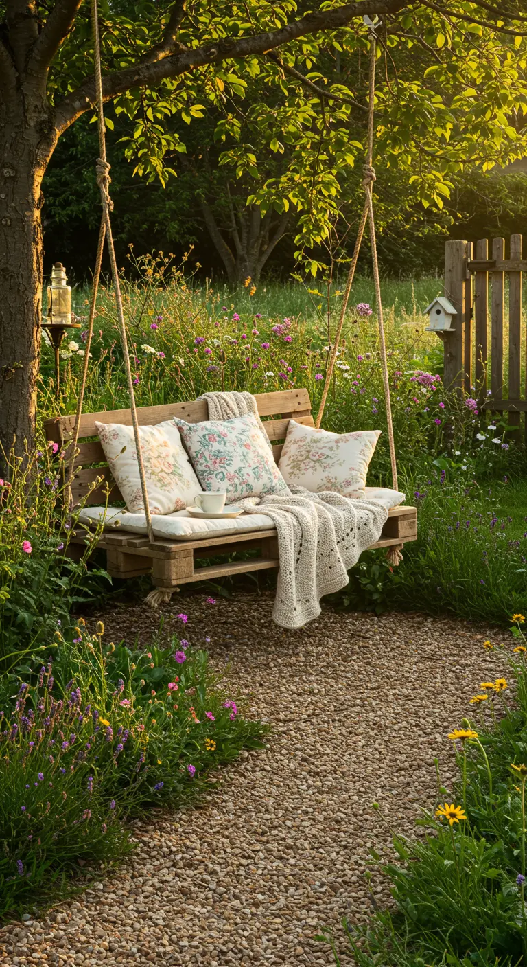 DIY schommelbank van pallets met bloemige kussens, onder een boom, op grindpad.