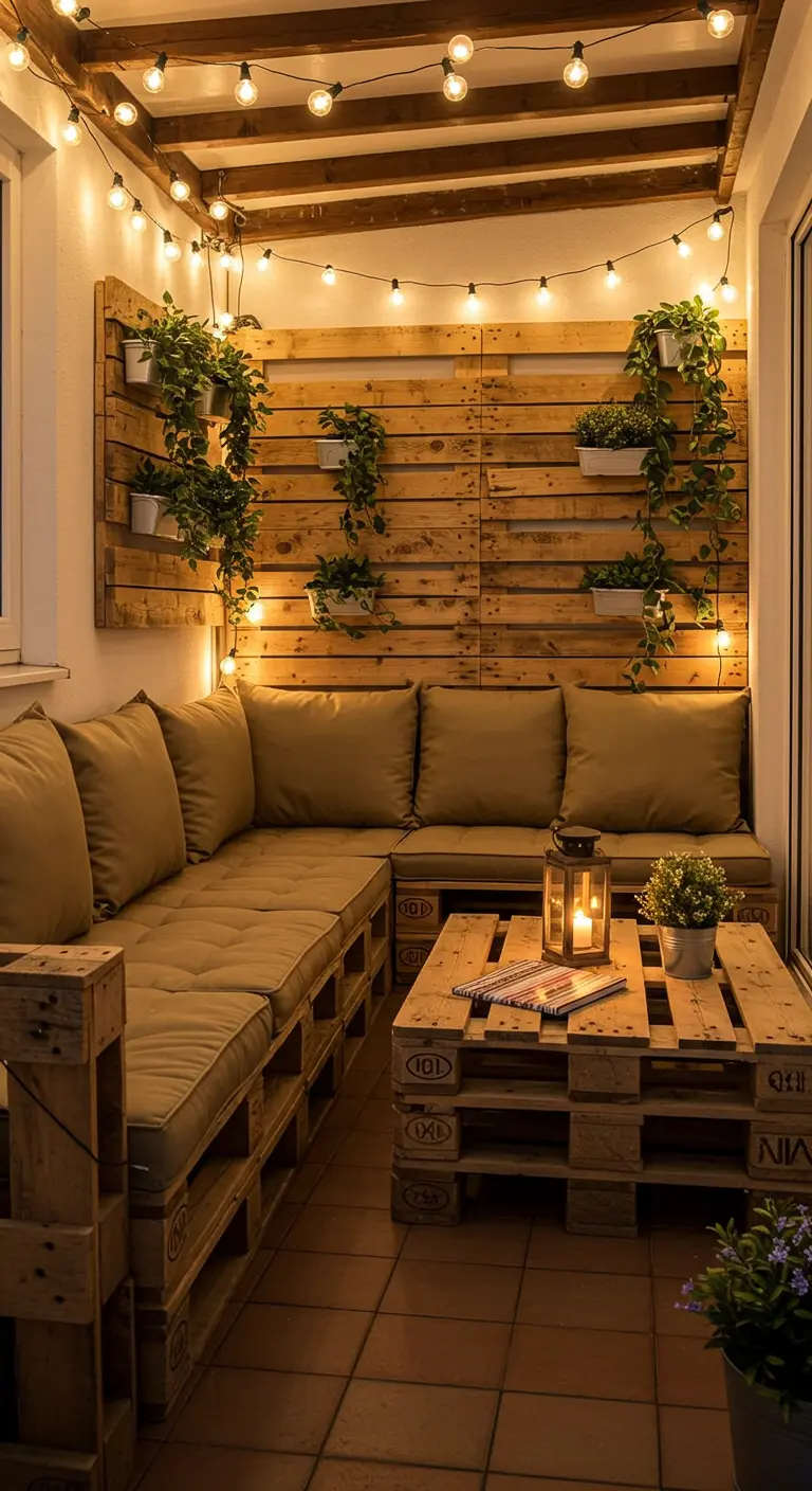 Balkon met DIY hoekbank en tafel van pallets, met kussens, planten en lichtslingers.