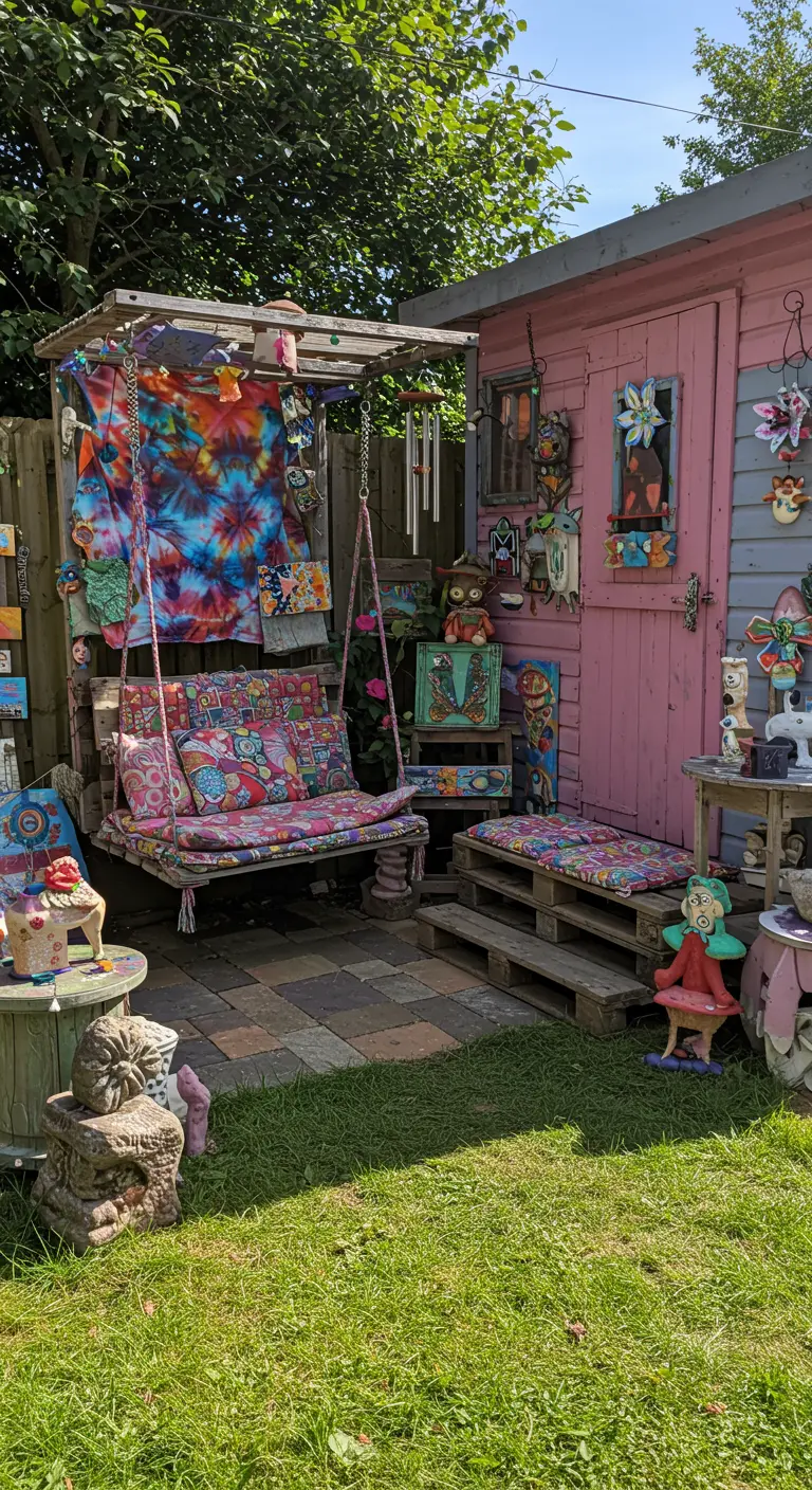 Kleurrijke DIY hangplek in de tuin met tie-dye gordijn en palletbank.