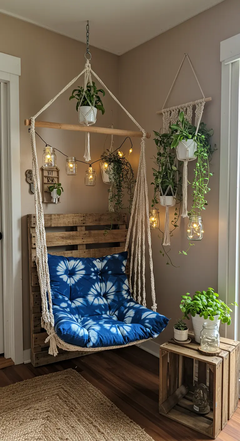 Macramé hangstoel met pallet achterwand, tie-dye kussen en lichtjes in potjes.