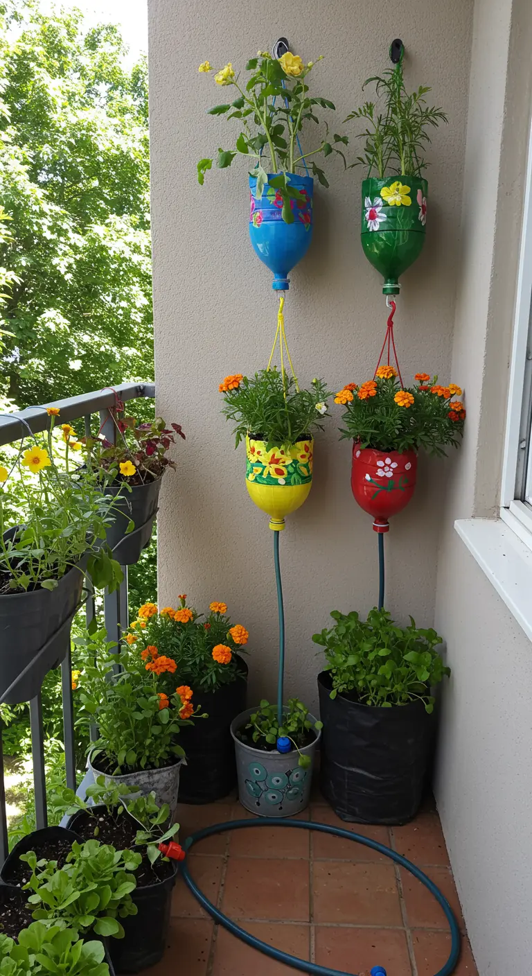 DIY hangpotten gemaakt van beschilderde plastic flessen met oranje en gele bloemen.