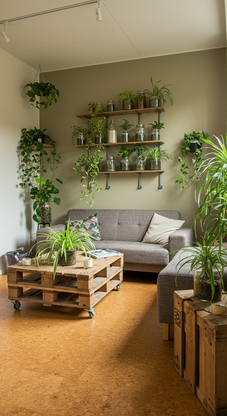 Woonkamer met pallet salontafel, kurkvloer en veel DIY plantenoplossingen.