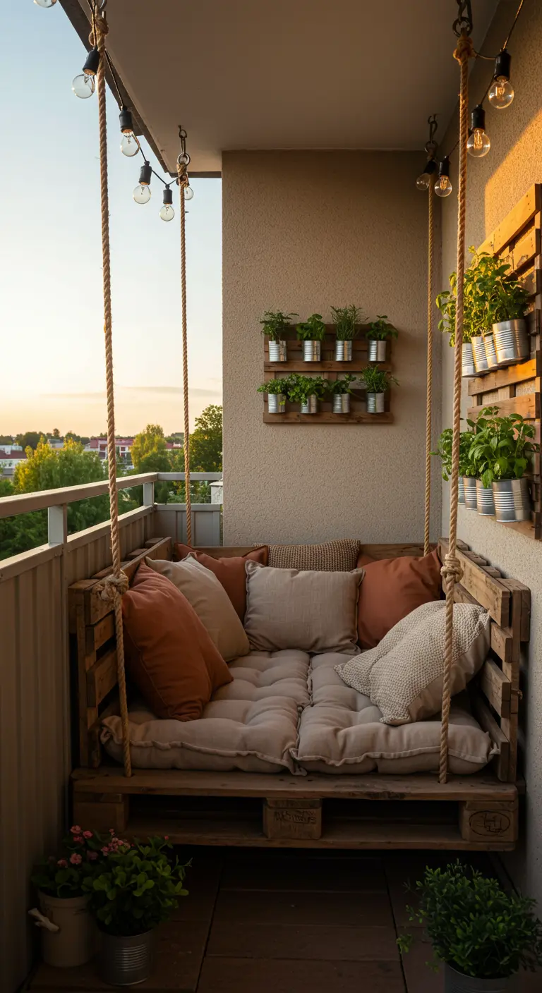 DIY pallet schommelbank met kussens en kruiden aan de muur op balkon.