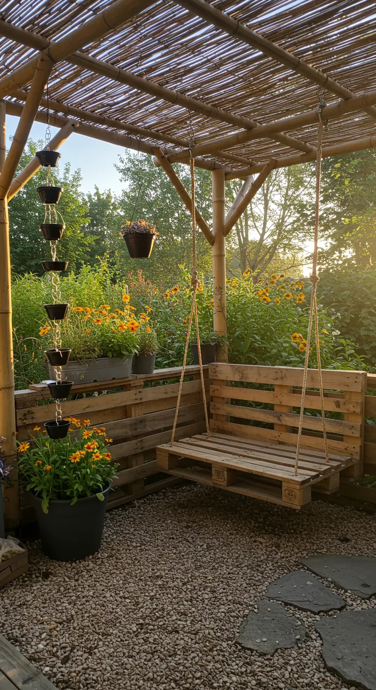 DIY schommelbank gemaakt van pallets, hangend onder een bamboe afdak met gele bloemen.