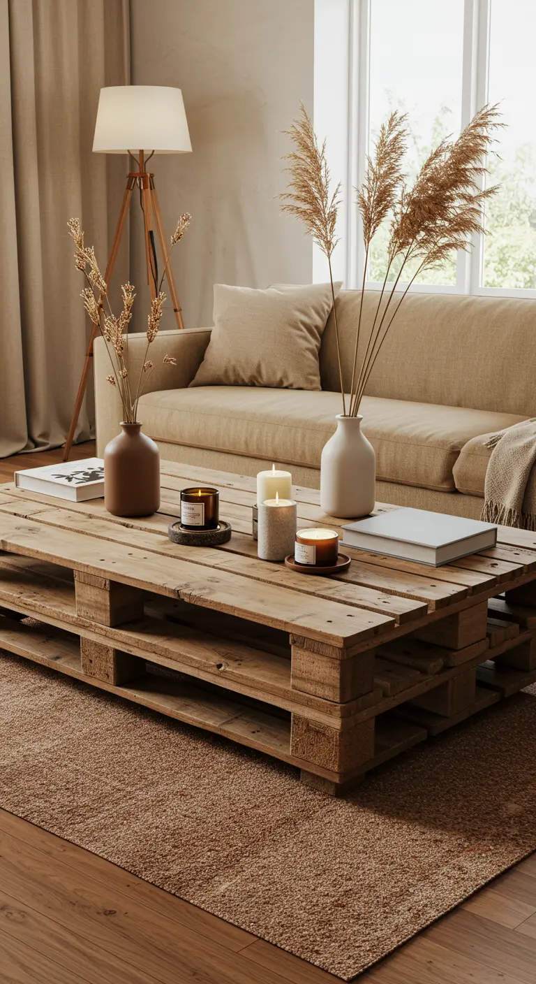 Salontafel gemaakt van houten pallets met kaarsen, droogbloemen en boeken.