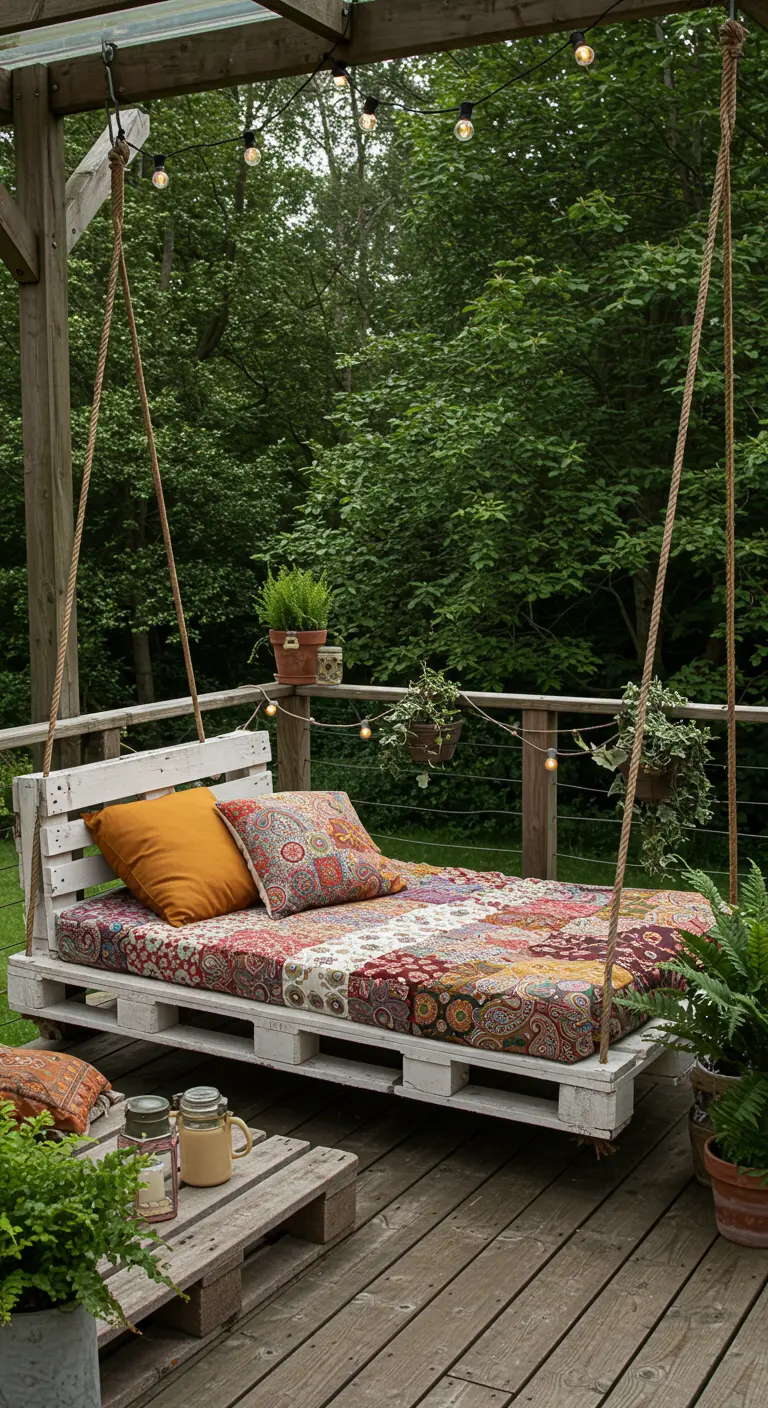 Witgekalkte pallet schommelbank met kleurrijke paisley kussens en lichtsnoer op houten terras.