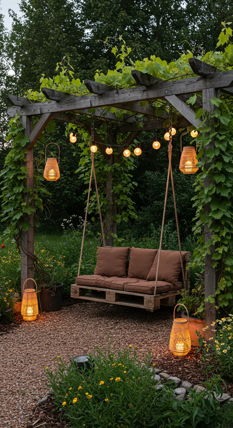 Houten pergola met wijnranken, DIY pallet schommelbank, lichtslingers en rustieke lantaarns.