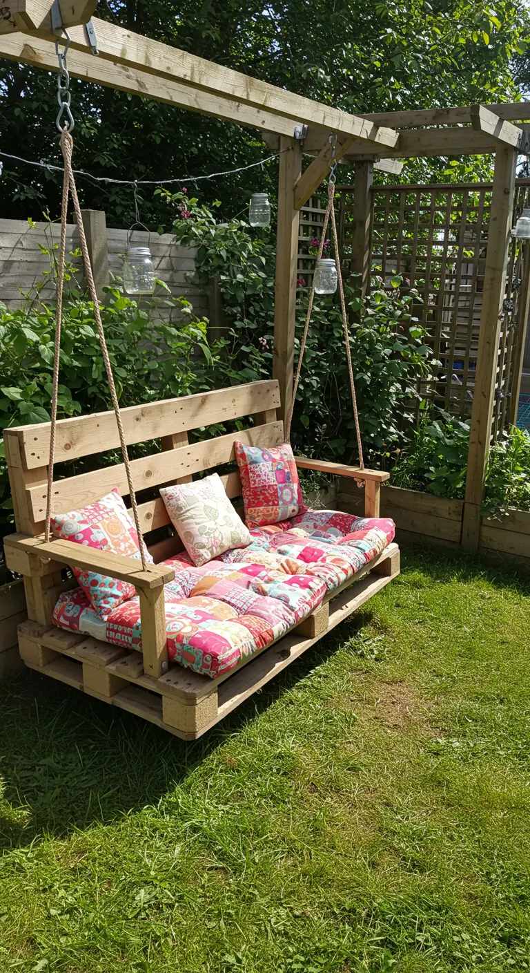 Zelfgemaakte schommelbank van pallets met patchwork kussen onder houten pergola.