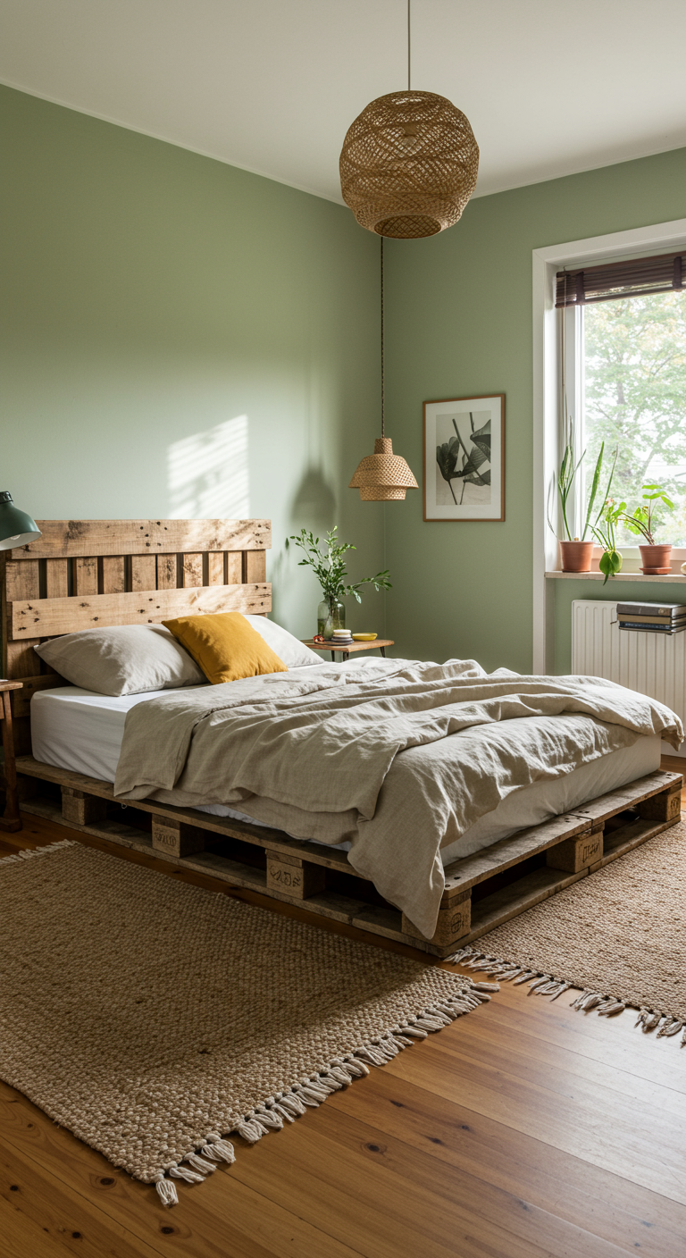 Slaapkamer met DIY palletbed, saliegroene muur, linnen beddengoed en rotan lamp.