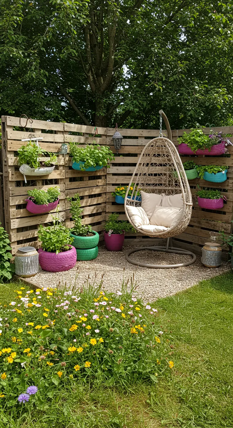 Tuinhoek met hangstoel, palletwand met kleurrijke plantenbakken van autobanden en grind.