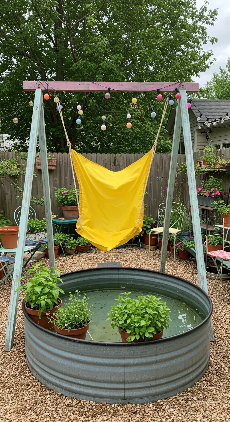 Gele stoffen schommel boven een omgebouwd watervat als vijver, met kleurrijke lichtjes en potplanten in een tuin.
