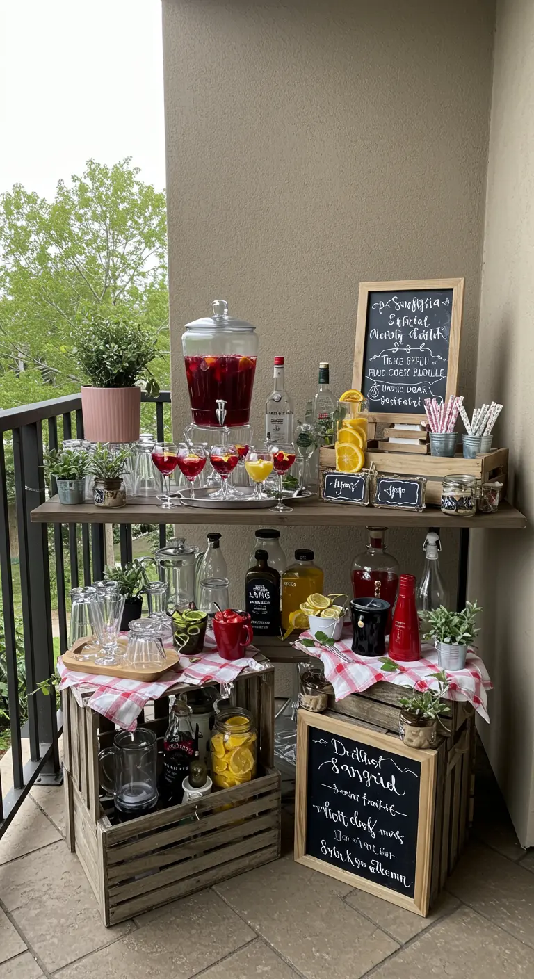 Balkon met een DIY sangria bar, drankdispenser, fruit en krijtbordjes op houten kratten.