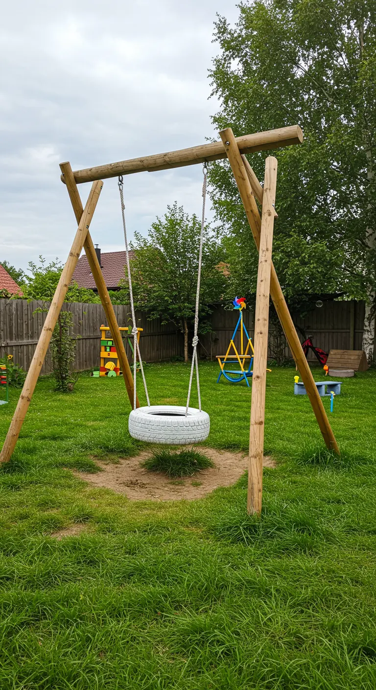 Witgeverfde autobandenschommel aan een houten A-frame in een achtertuin.