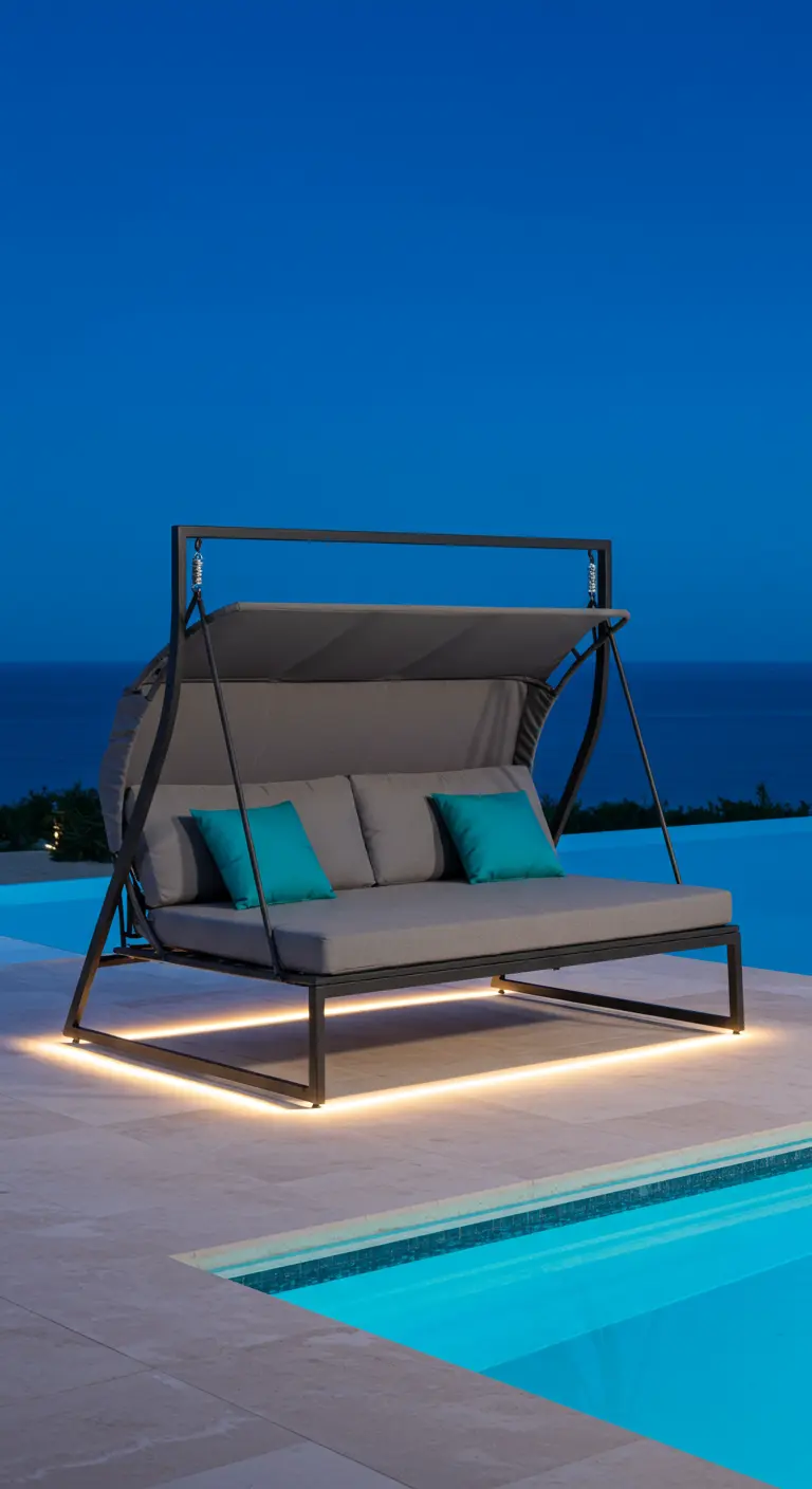 Grote grijze loungesofa schommel met metalen frame en verlichting bij zwembad 's avonds.