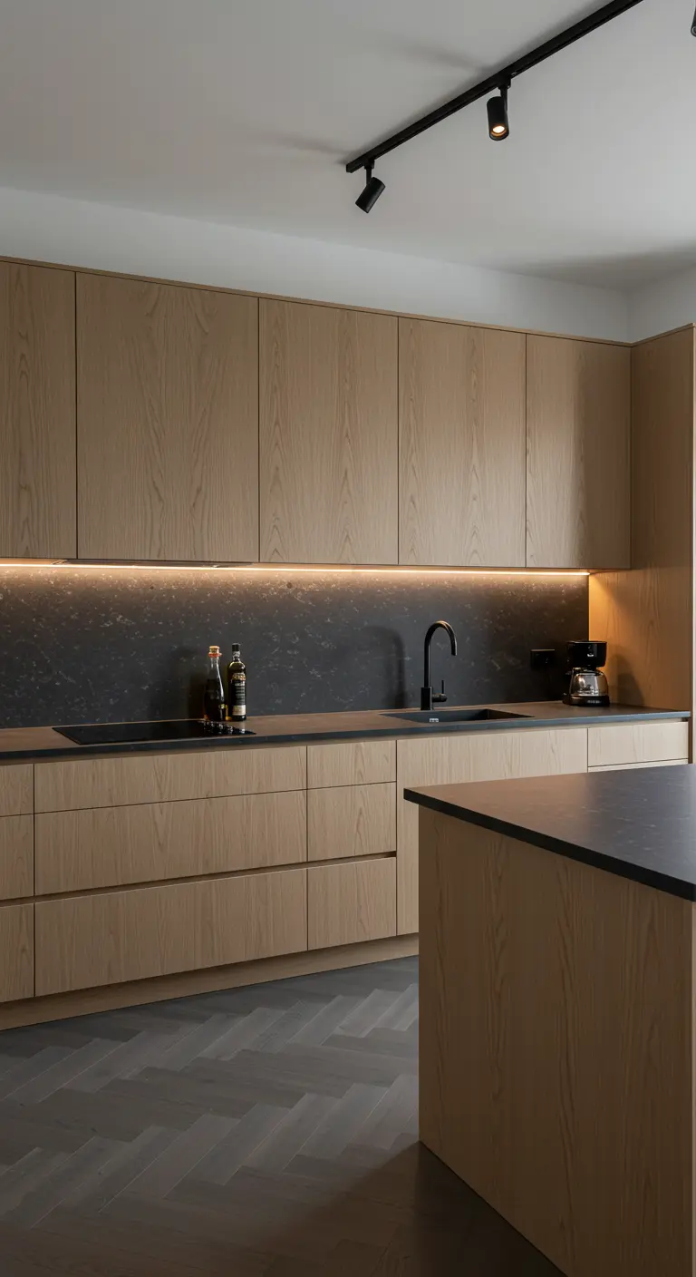 Strakke licht houten keuken met donkere achterwand, werkblad en zwarte accenten.