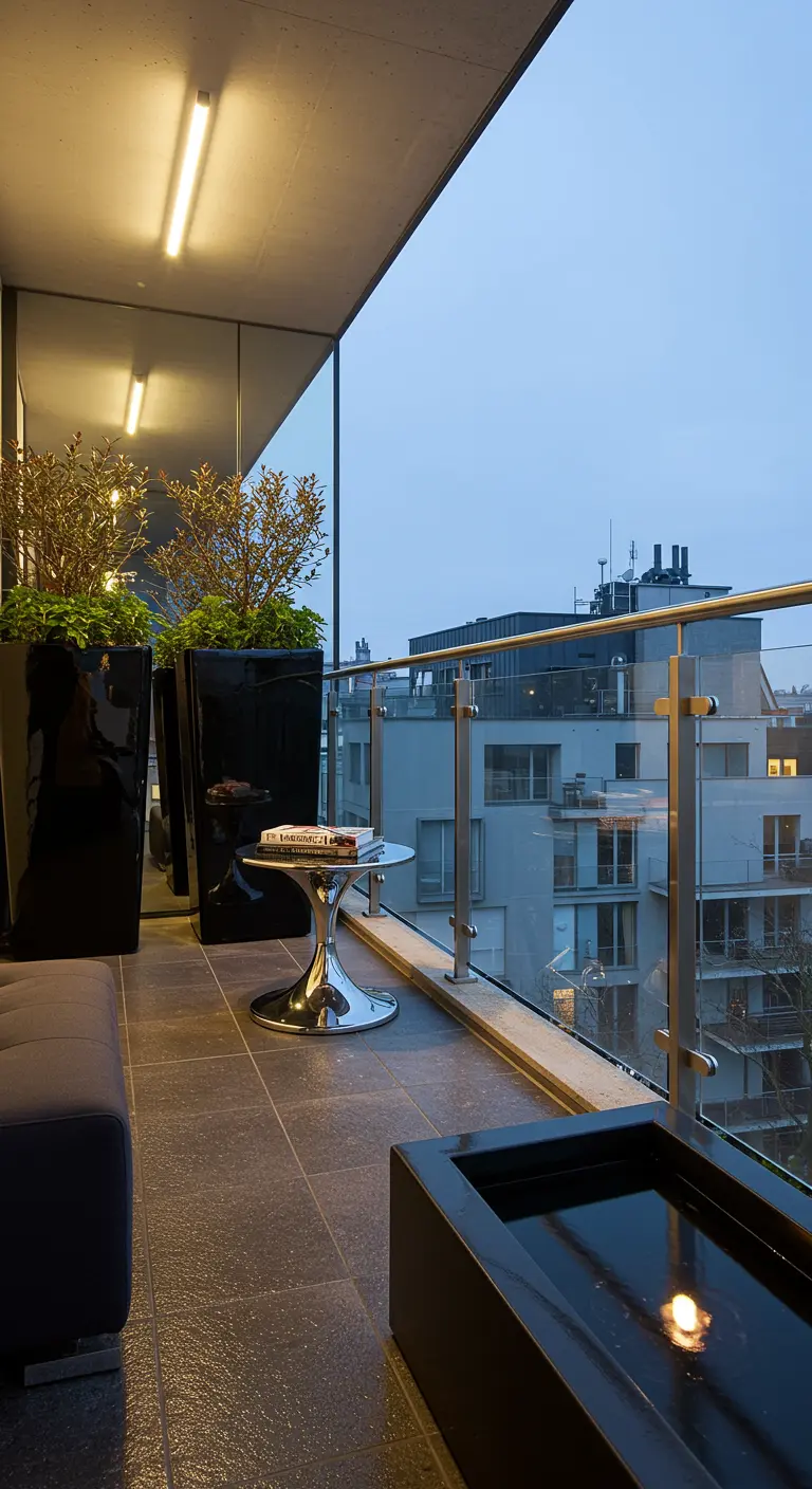 Modern balkon 's avonds met donkere tegels, zwarte plantenbakken, glazen reling en waterpartij.