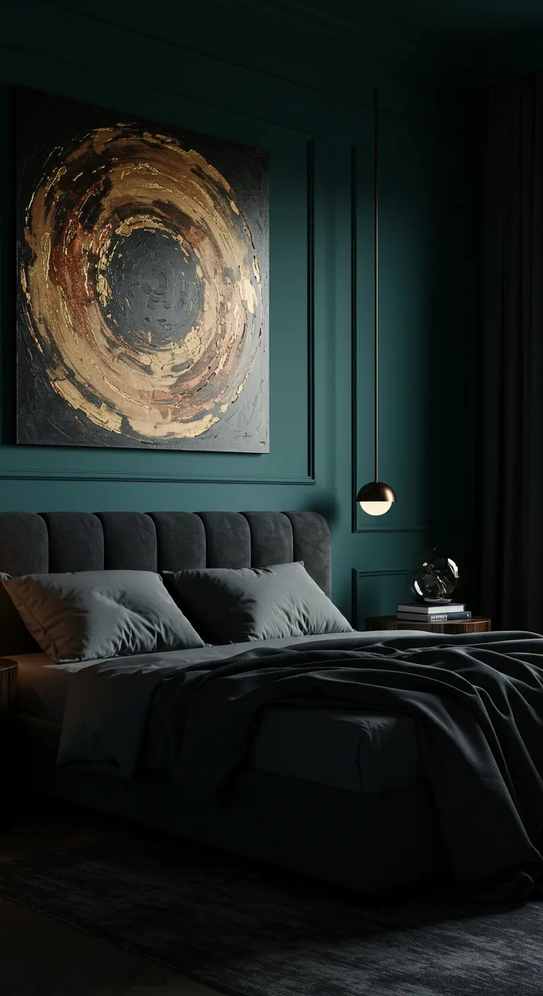 Slaapkamer met donkergroene muren, groot abstract cirkelschilderij en ronde hanglamp.
