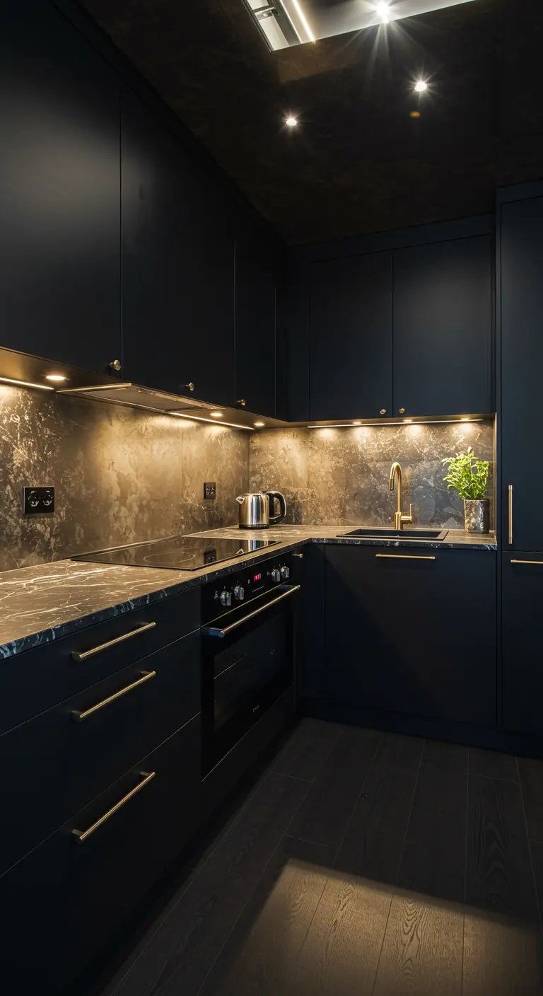 Luxe donkere keuken met goudkleurige accenten, marmerlook en slimme sfeerverlichting.