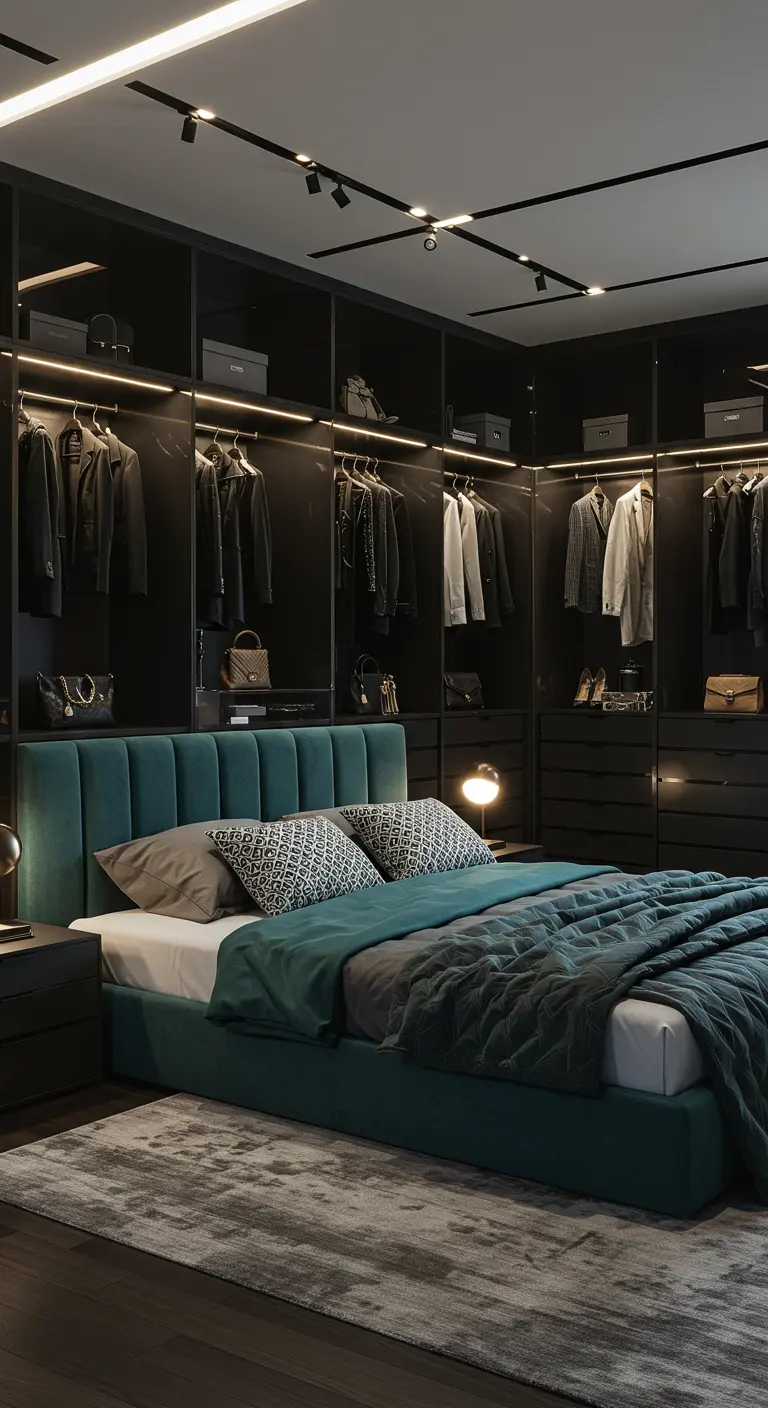 Luxe donkere slaapkamer met ingebouwde zwarte open kledingkast met verlichting en groen velours bed.