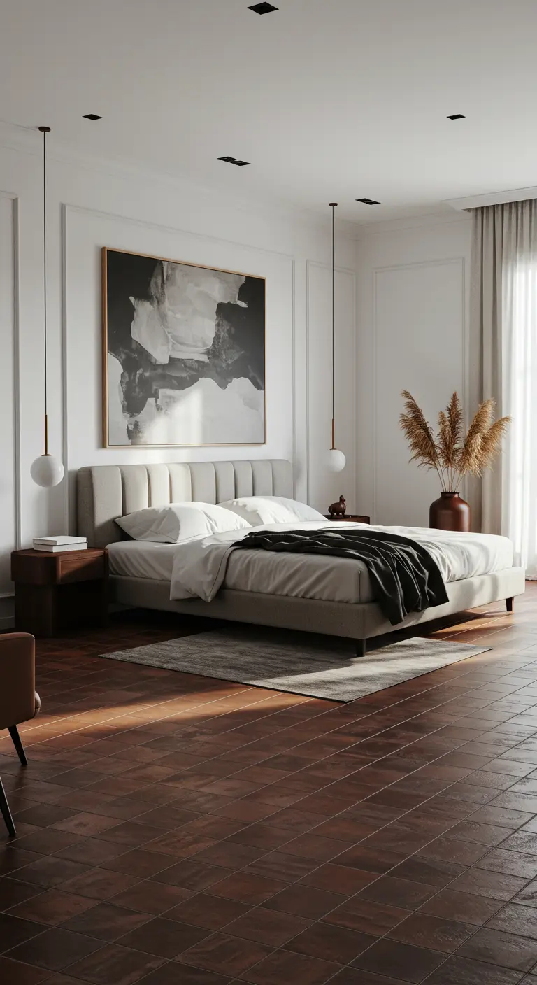 Moderne slaapkamer met donkere terracotta vloer, groot abstract kunstwerk, donkere accenten.