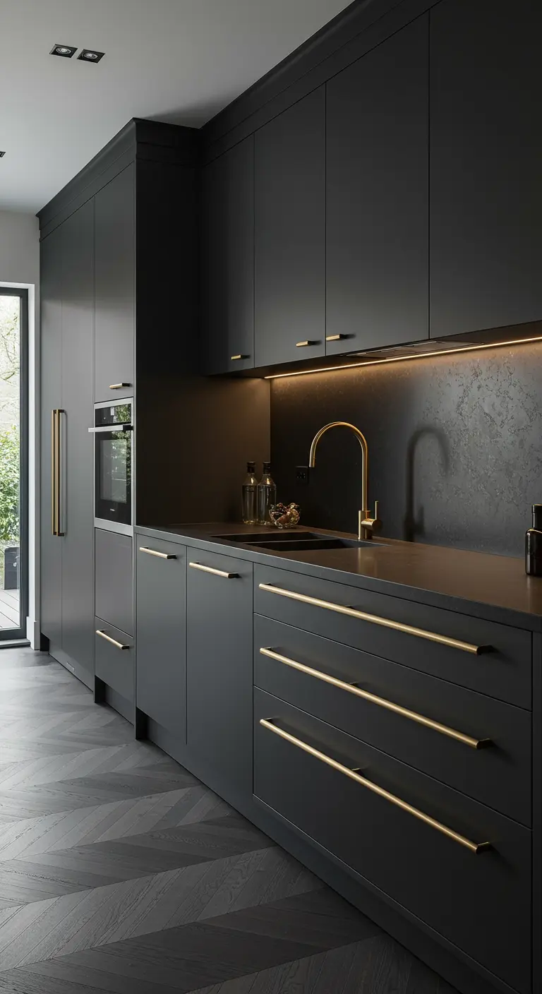 Donkergrijze keuken met lange, slanke gouden staafgrepen en gouden kraan.