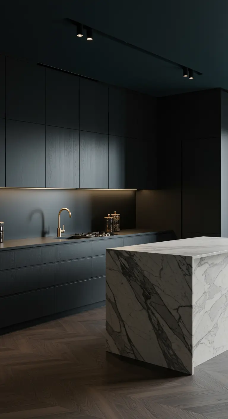 Donkere, luxe keuken met een groot wit marmeren eiland en subtiele verlichting.
