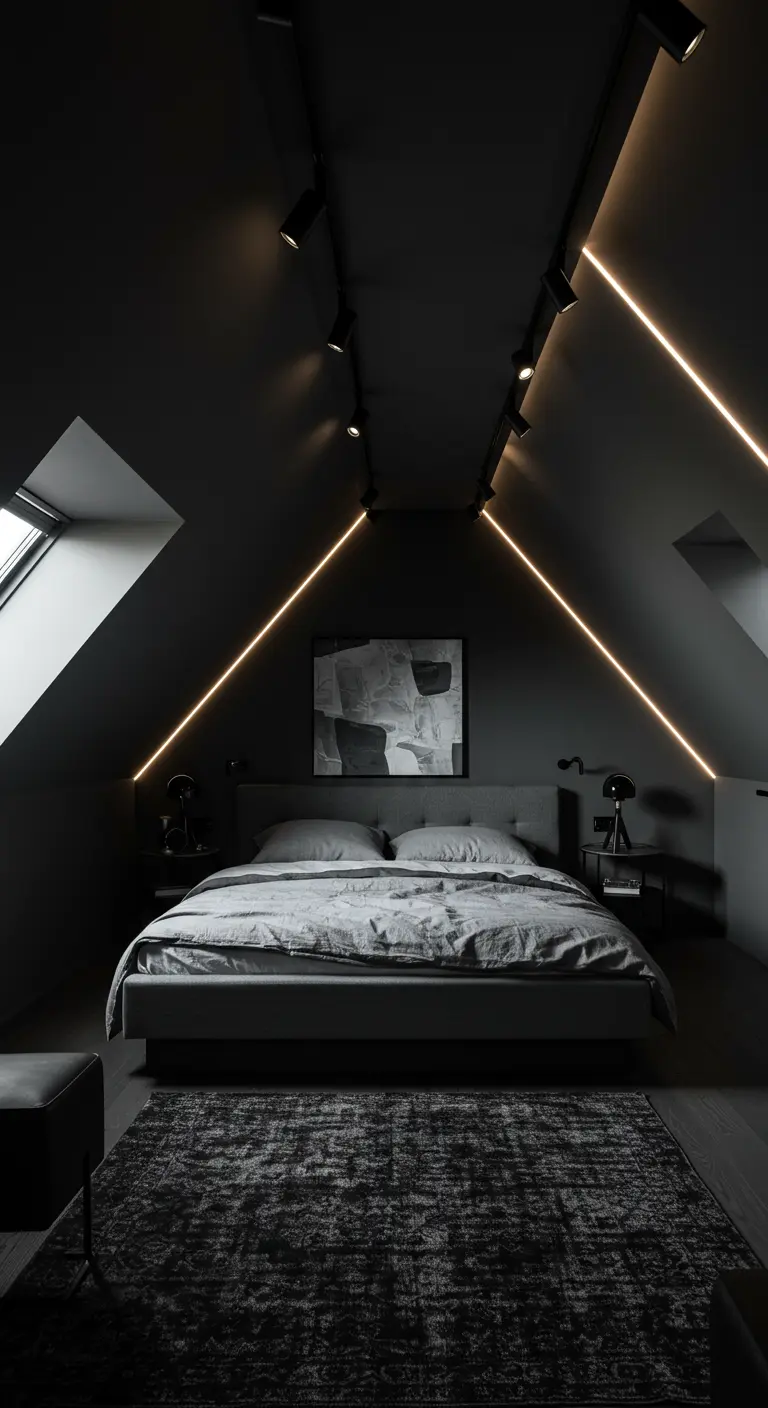 Donkere zolderslaapkamer met zwarte muren en LED-lichtlijnen langs schuine wanden.