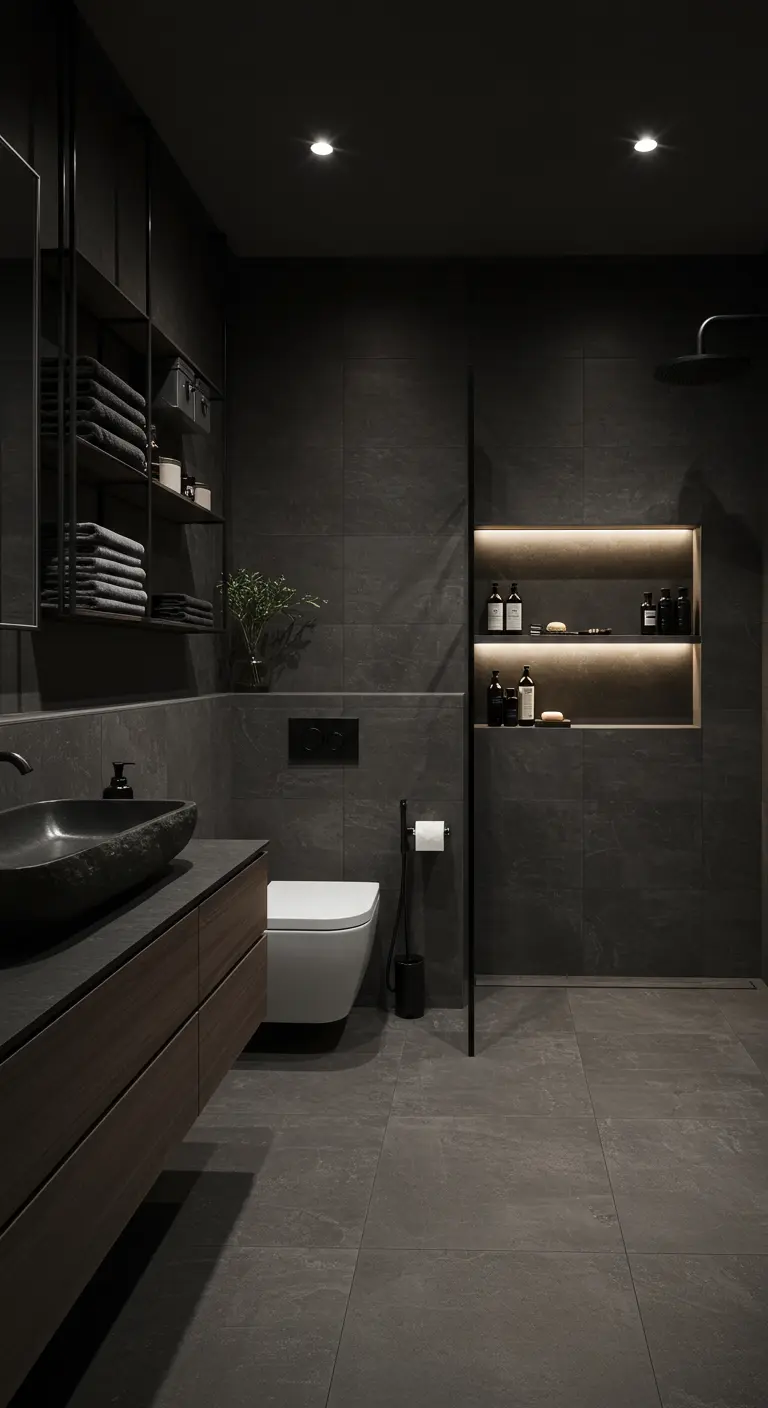 Donkere, luxe badkamer met zwarte tegels, open metalen stelling en verlichte nis.