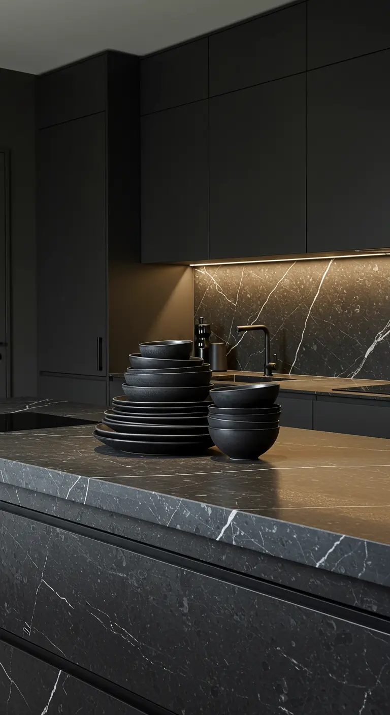 Stapel zwart servies op een donker marmeren aanrechtblad in een moderne zwarte keuken.