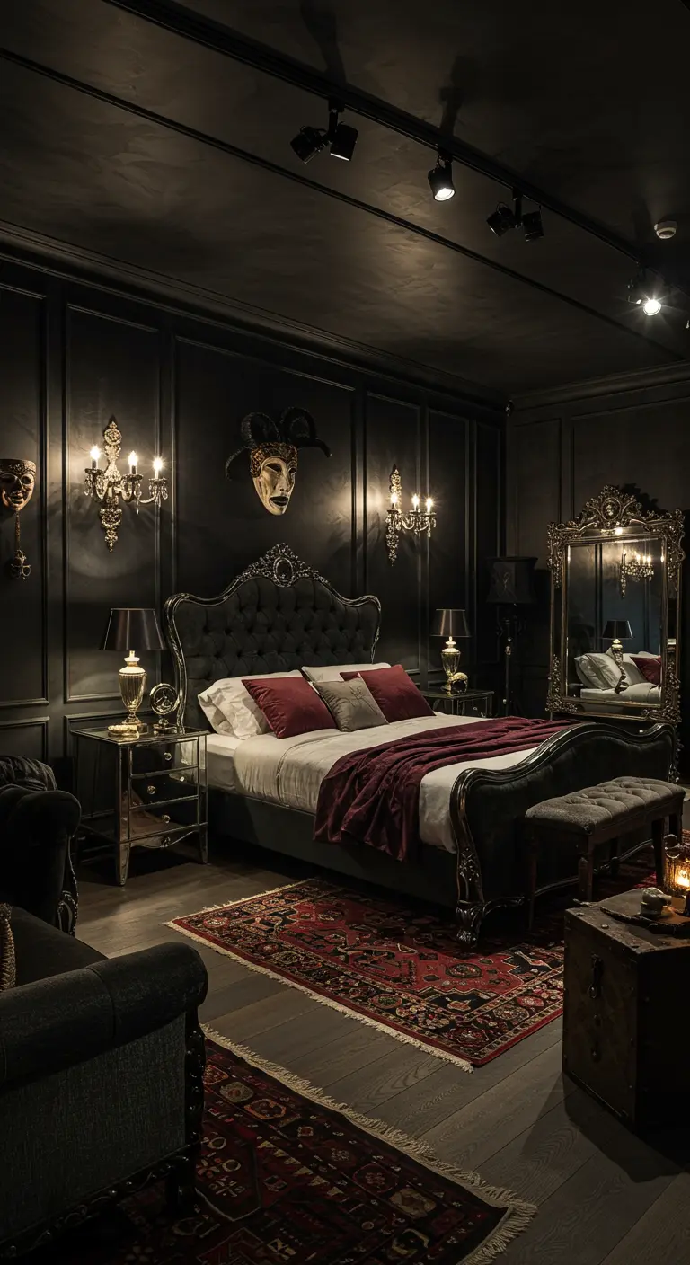 Donkere, dramatische slaapkamer met klassieke wandlampen, spotverlichting en luxe materialen.