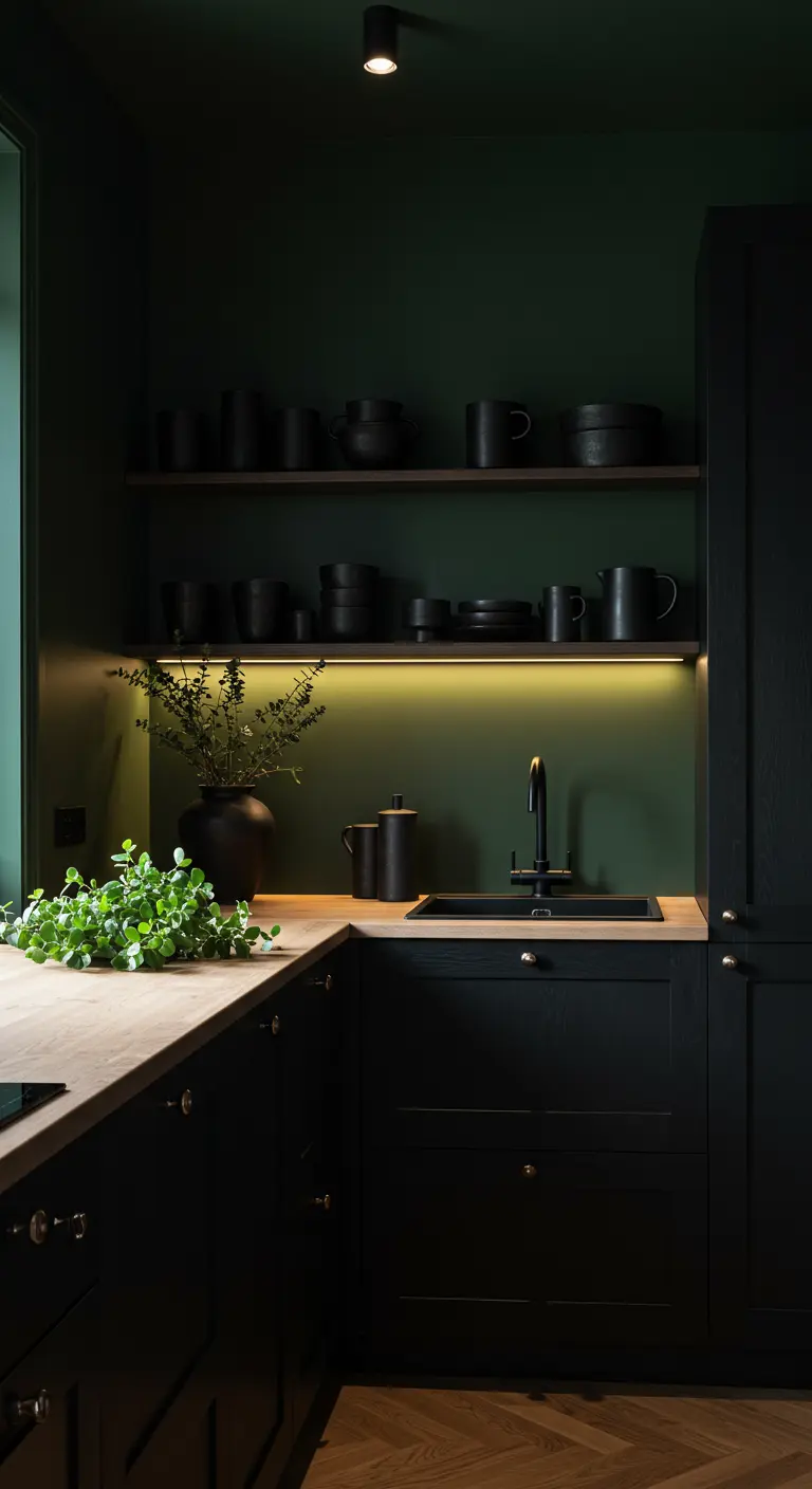 Donkergroene/zwarte Scandinavische keuken met houten blad en sfeerverlichting.