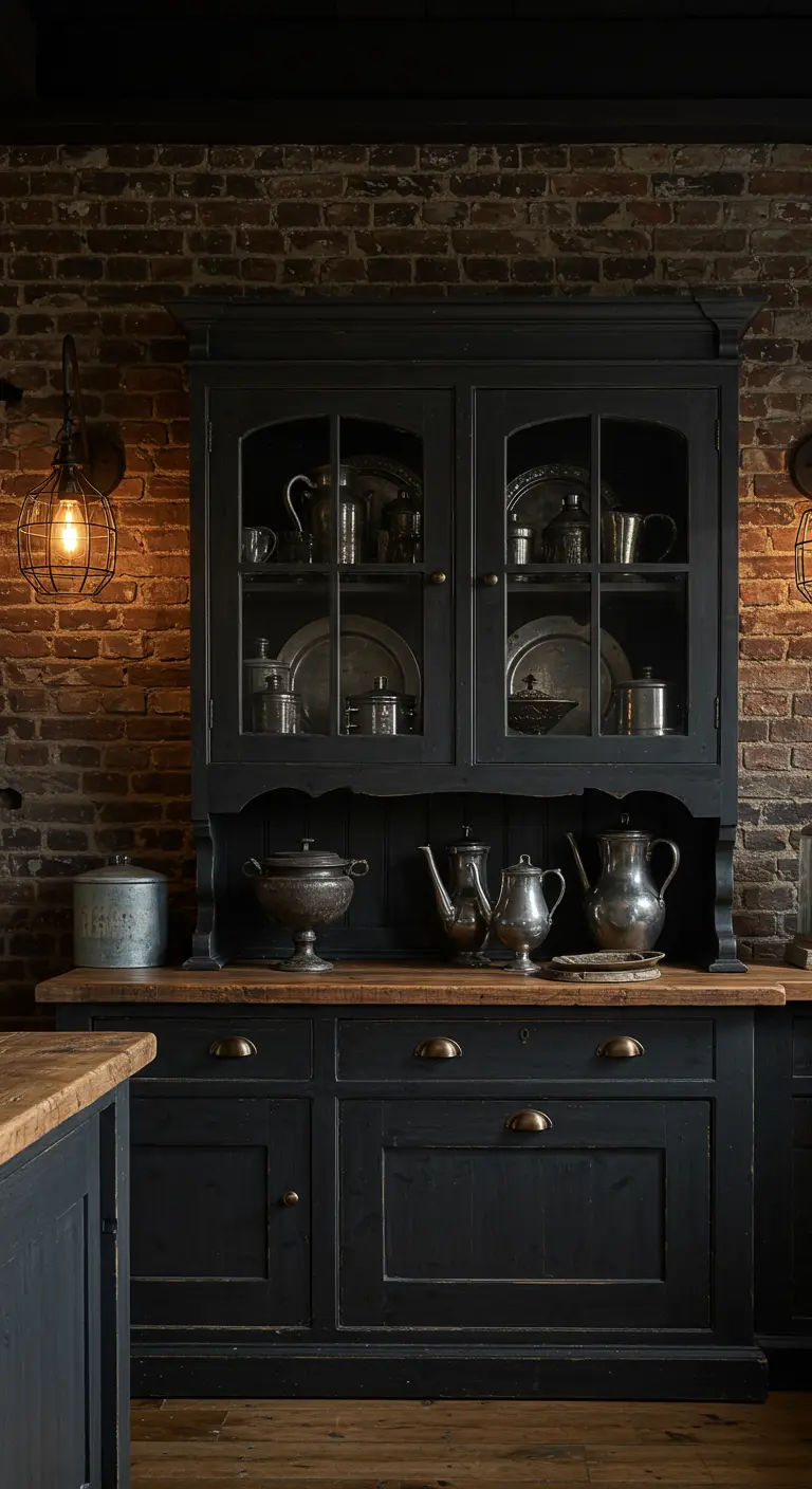 Donkere, rustieke keuken met zwarte kasten, bakstenen muur, antieke dressoir en industriële wandlamp.