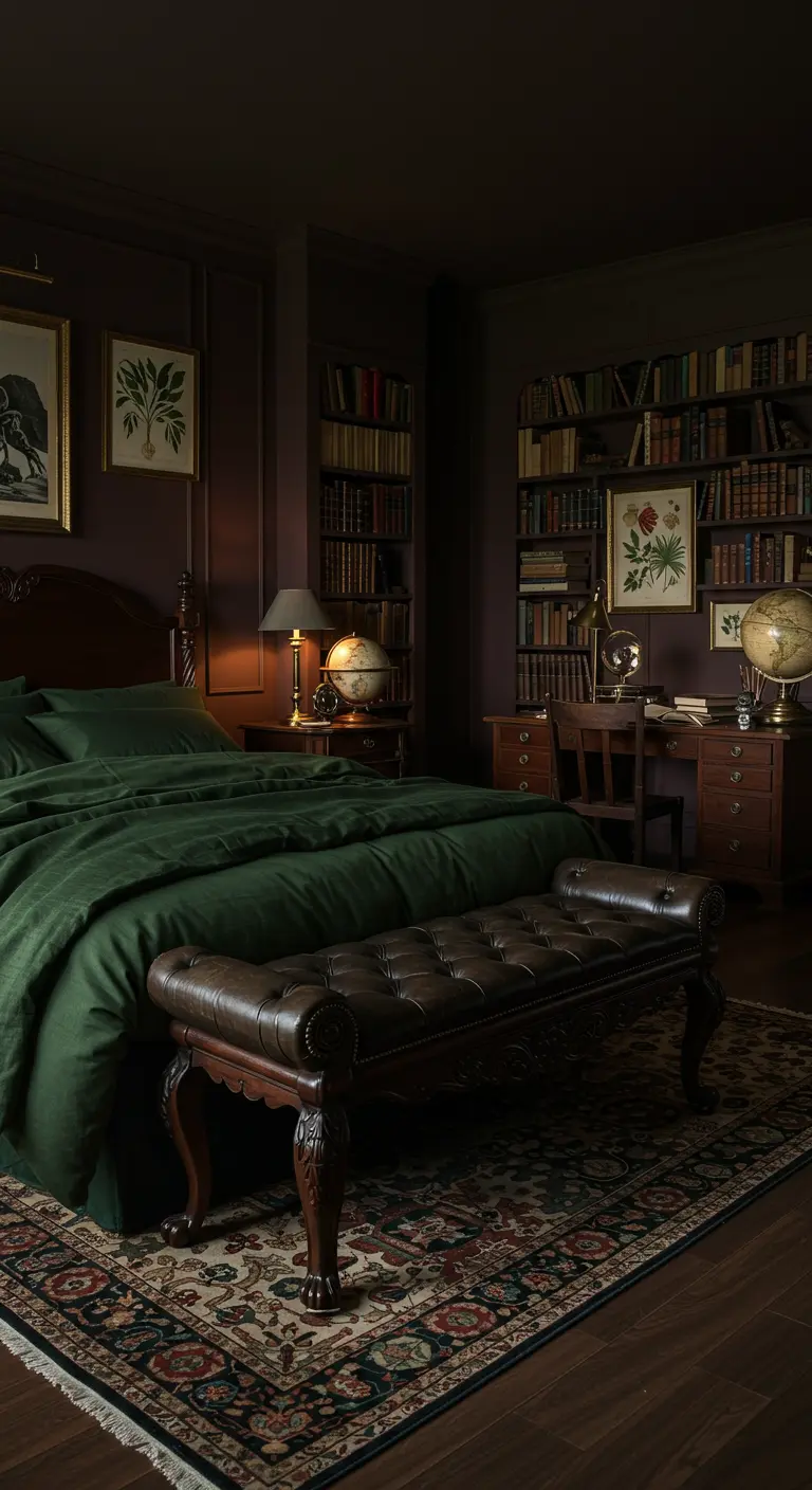 Donkere, sfeervolle slaapkamer met veel boeken en een klassiek bruin leren bankje aan voeteneind.