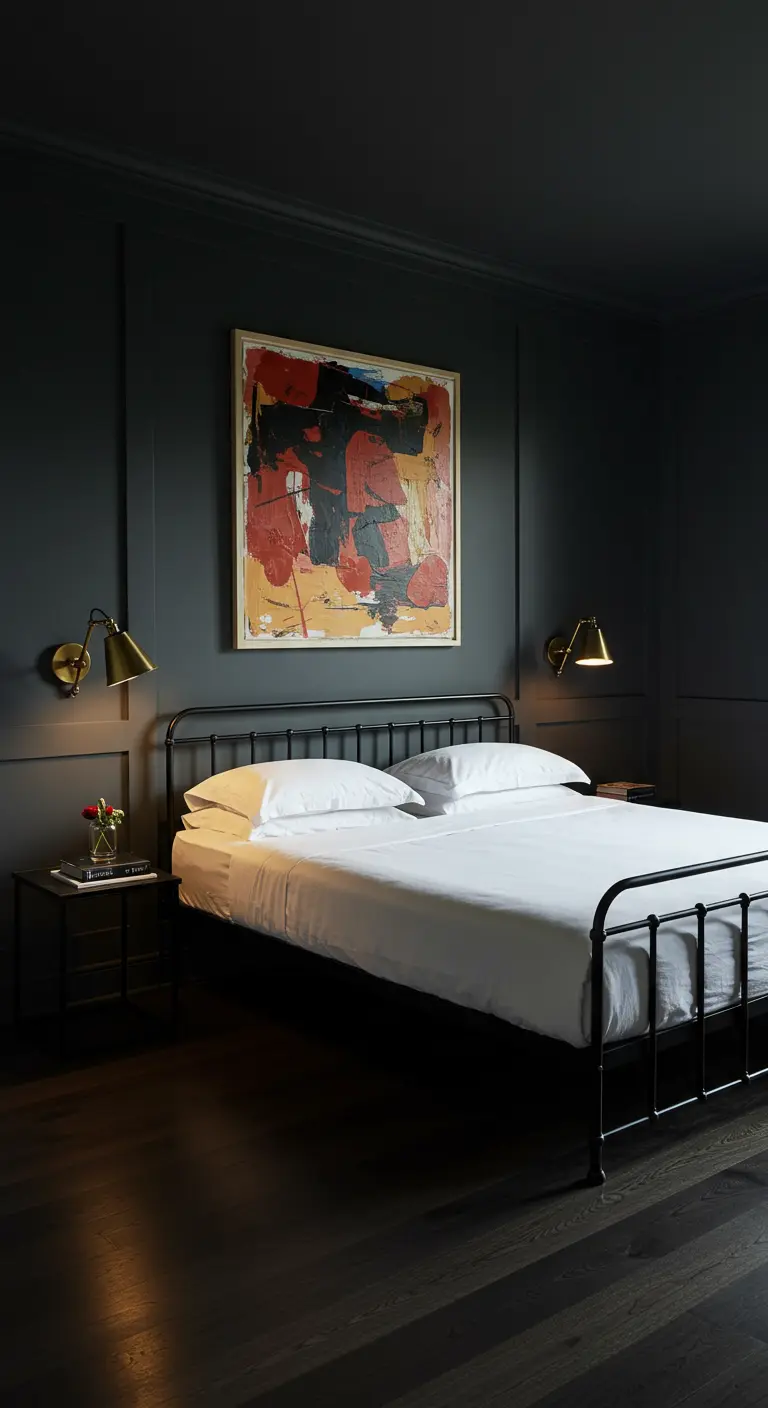 Donkere slaapkamer met zwart metalen bed, abstract schilderij en goudkleurige wandlampjes.