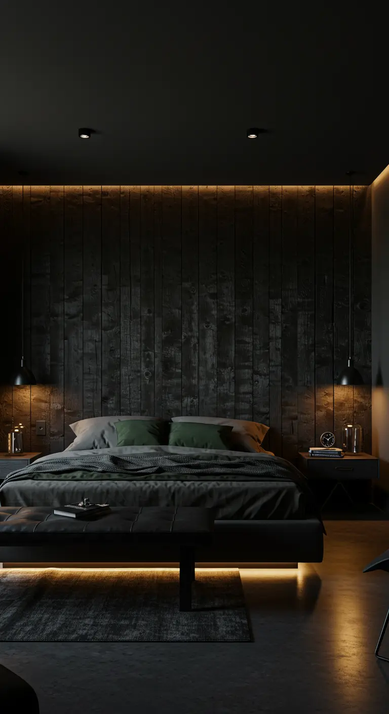 Donkere slaapkamer met zwart houten latten hoofdbord en sfeervolle led-verlichting.