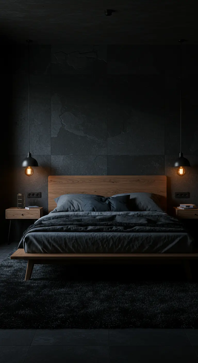 Donkere slaapkamer met leistenen muur, houten hoofdbord en sfeerlampen.