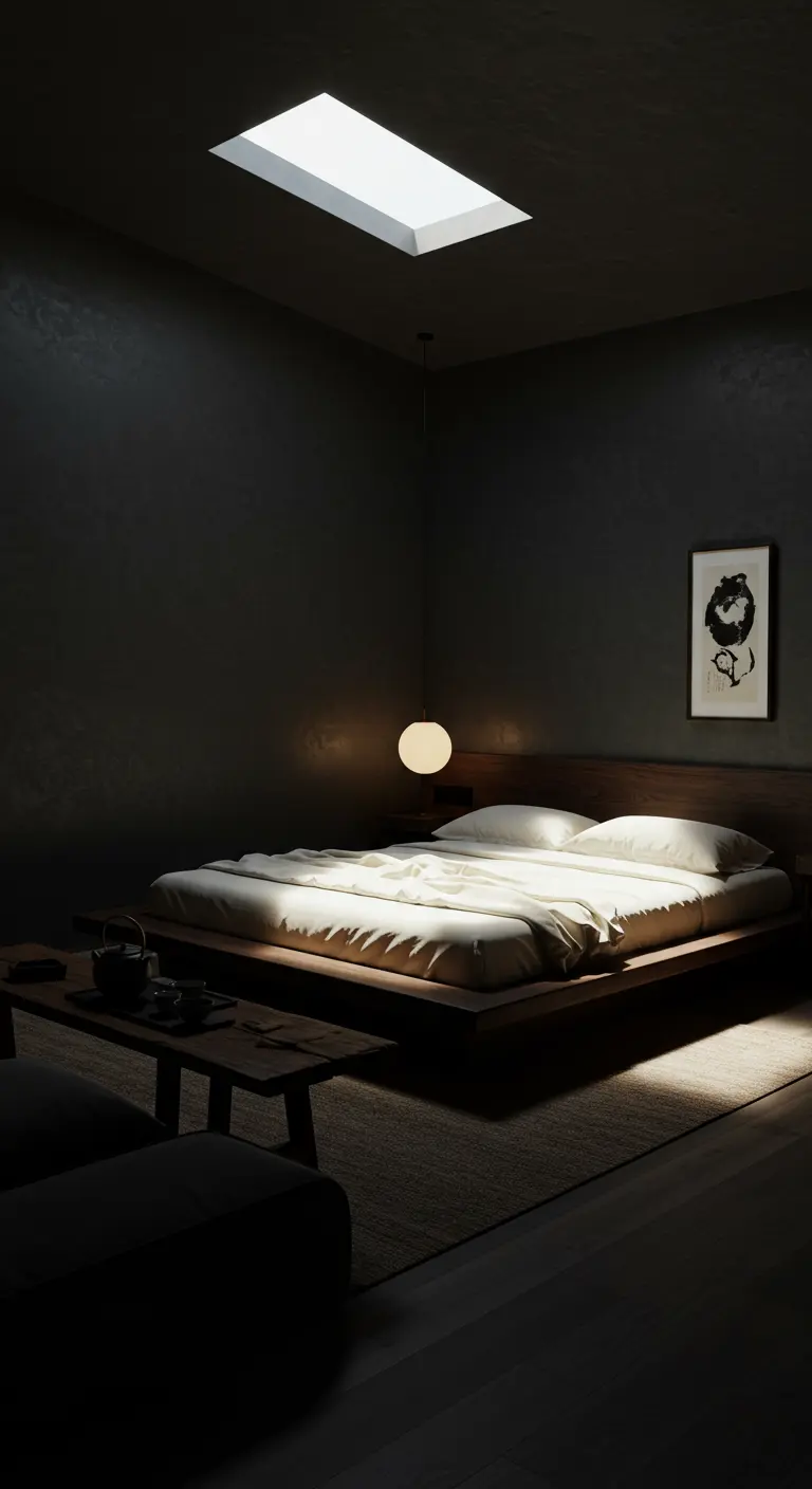 Donkere Japandi slaapkamer met dakraam, laag houten bed en sfeervolle verlichting.