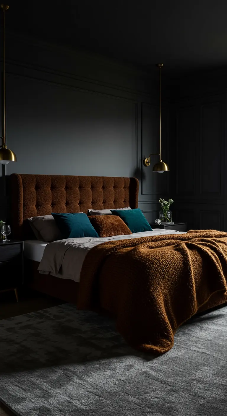 Donkere slaapkamer met bruin teddy hoofdbord en okergeel gebreid plaid.