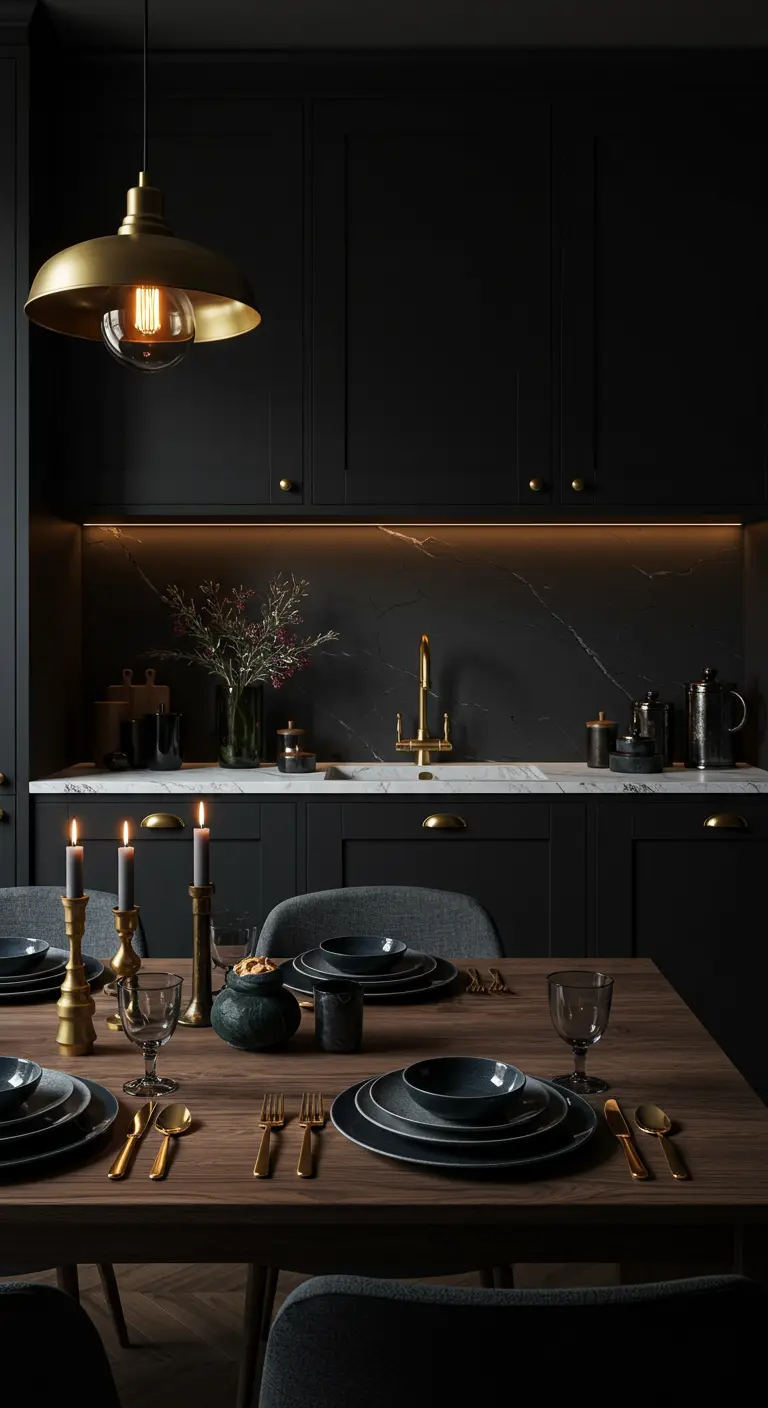 Donkere keuken met gouden accenten en donkerblauw servies met goud bestek.